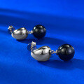 wholesale Metal S925 silver gold-plated with precision-set 10mm black agate pearl earrings, European and American fashion minimalist style-0-3