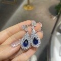 wholesale 925 silver gold-plated, luxurious bezel-set full diamond teardrop style lab-grown blue sapphire 6 carat pendant earrings for women as a gift-0-2