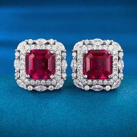 wholesale S925 Silver Alloy Simulation Pigeon Blood Red 7*7 Pagoda Ear Studs for Women, Minimalist and Versatile for Daily Wear-E370 Red Diamond 925 Silver