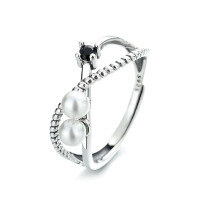 wholesale S925 Sterling Silver Chanel-Style Double-Layer Cross Sweet Small Pearl Black Zircon Inlaid Ring Sweet Forest-Style Band-439FJ/approx. 2.2g Adjustable opening