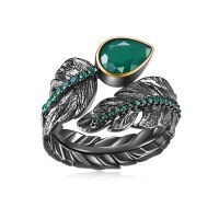 wholesale S925 silver designer-style high-end personalized open ring with natural wind design, featuring natural citrine and moonstone-Green Agate Ring>Adjustable opening