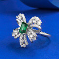wholesale S925 Sterling Silver Luxury Bezel-Set Vintage Sparkle Ring with European & American New Style Bow Simulated Emerald-0-1