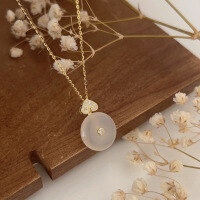 wholesale S925 Sterling Silver Natural Chalcedony Peace Buckle Pendant Necklace for Women, New Arrival, New Chinese Style Collarbone Chain-Pure silver + natural chalcedony