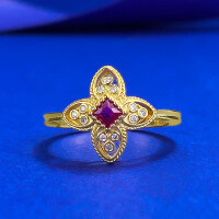 wholesale S925 Silver New Style Simulated Ruby Four-Leaf Clover Ring with Delicate Beaded Edge Setting, Fresh and Elegant-R1497 Gold Red Diamond Ring Size 7