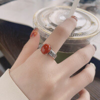 wholesale S925 Sterling Silver Vintage Antique-style Ethnic Pattern Inlaid with Southern Red Agate Openable Ring-955FJ/approx. 2.9g Adjustable opening