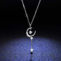 925 Silver Pendant Necklace with 1-Carat Moissanite, Star Moon Tassel Design-10-point moissanite (with chain)  925 silver