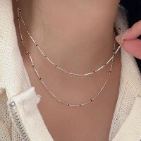 wholesale S925 Sterling Silver Colorful Rainbow Enamel Bead Square Bar Minimalist Pendant Necklace for Women, Korean New Style Collarbone Chain-Pure silver (40+5CM)