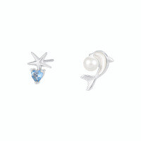 wholesale S925 Sterling Silver Asymmetrical Dolphin Stud Earrings Set With Zirconia, Unique And Niche Design-E4416-White Gold 925 Silver