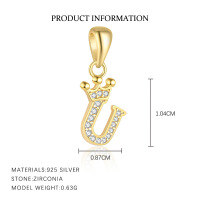 wholesale S925 Sterling Silver, Fashionable And Luxurious Crown Design With Zircon, Diy 26 English Letter Pendant Necklace, Versatile For European And American Styles-Letter U-Single Pendant/Gold 925 Silver