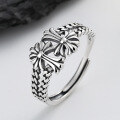 wholesale S925 Sterling Silver Retro Double-Layer Twisted Cross Black Silver Ring, Hot Selling Trendy Hip-Hop Rave Index Finger Ring-0-2