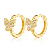 wholesale 925 Sterling Silver Micro-Inlaid Zircon Butterfly Hoop Earrings with Ear Clasps, Insect-Inspired Fashion, Pastoral Style, Fresh and Sweet Ear Clasps-gold