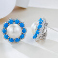 wholesale 925 silver new jewelry blue turquoise inlaid 12mm pearl ear studs fashionable elegant ear clips-0-3