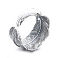 wholesale S925 Sterling Silver Vintage Classic Fashion Trendy 3D Feather Wide Unisex Open Ring-0-6
