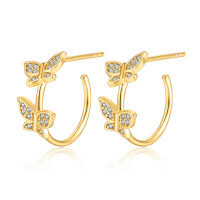 wholesale S925 Sterling Silver Micro-Paved Zircon 3D Butterfly Earrings, C-Shaped Pastoral Style Minimalist Elegant Stud Earrings-Gold>925 silver