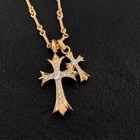 wholesale 18K Gold Inlaid Natural Diamond Necklace European and American Couple Retro Cross Pendant Choker Chain Chrome Hearts Set-18K Yellow Small Cross