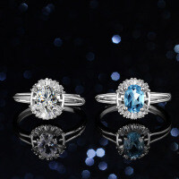 Sterling Silver Natural Blue Topaz Moissanite Ring, 1 Carat Full Diamond Oval Shape-Inlaid with natural blue topaz  Adjustable opening