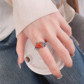 wholesale S925 Sterling Silver Vintage Ethnic Style Lotus Leaf and Pod with Southern Red Inlay Light Luxury Elegant Open Ring-0-3
