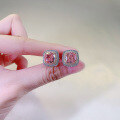 wholesale S925 silver new 8*8mm padparadscha high-carbon diamond square stud earrings for women, fashionable and versatile-0-3