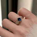wholesale S925 Silver New 6*8mm French Lace Edge Blue Zircon Oval Ring Fashion Romantic Style-0-3