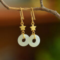 wholesale 925 Sterling Silver Vintage Style Jade Earrings with Certificate, Star-Inlaid Hetian Jade Peace Buckle Ear Hooks for Women-0-2