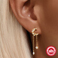 wholesale S925 Sterling Silver Classic Star and Moon Tassel Earrings with Inlaid Crystals, Korean Style Small Design-0-1
