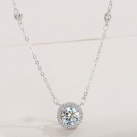 wholesale S925 Sterling Silver Moissanite Necklace for Women, Round Bezel Micro-Set Fashion Pendant, High-End Sense of Luxury and Versatility-1 carat (zircon) necklace 925 silver