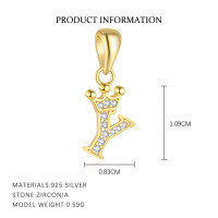 wholesale S925 Sterling Silver, Fashionable And Luxurious Crown Design With Zircon, Diy 26 English Letter Pendant Necklace, Versatile For European And American Styles-Letter Y-Single Pendant/Gold 925 Silver