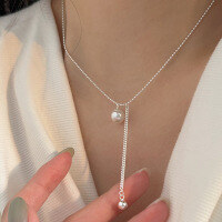 wholesale S925 Sterling Silver Swarovski Pearl Tassel Necklace for Women, Korean Minimalist LuxuryDesign Cold Tone Collarbone Chain-Sterling silver
