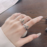 wholesale S925 Sterling Silver Vintage Ethnic Style Six Sacred Words Auspicious Meaning Ring Inlaid with Green Gemstone-1258JB/approx. 4.2g Adjustable opening