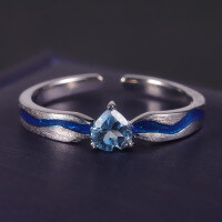 wholesale S925 Silver Designer Open-Ended Couple's Ring Ocean Heart Natural Style Design with Natural Topaz Stone-Sky Blue Topaz Ring Adjustable Opening