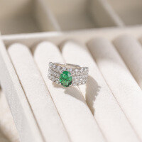wholesale S925 silver plated with 18k gold ring for women featuring a lace hollow-out design, fresh and elegant, with a 7*9mm lab-grown emerald-Simulated Emerald US Size 9