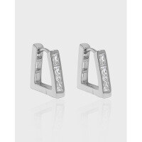 wholesale S925 Sterling Silver Korean Version Ins Minimalist Geometric Trapezoid Inlaid Zircon Textured Ear Clips for Women-Platinum 925 silver