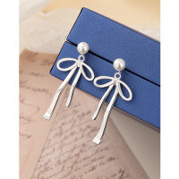 wholesale 925 Sterling Silver Two-Way Wear Bow Pearl Earrings for Women, Summer Ins Style High-End Elegant Stud Earrings-Shell Pearl Bow Earrings-with Plastic Earplugs>925 Silver