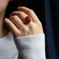 wholesale S925 silver natural blood amber ring with Dàhēitiān carving, adjustable live opening, new Chinese style wholesale-0-3