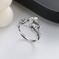 wholesale S925 Sterling Silver Retro Ethnic Style Lotus and Double Koi Fish Ring, Antique Finish, Symbolizing Abundance Every Year, Versatile Hand Accessory-290FJ/approx. 3.2g Opening adjustable