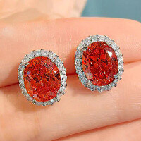 wholesale Silver jewelry new pink diamond high-carbon diamond earrings set with oval 8*10 stunning in women's earrings-Pink>925 silver