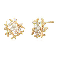 wholesale 18K Gold (AU750) Earrings with Moissanite, Vintage Geometric Design, Pearl Earrings for Women, Customizable Engraving-Gold>18K