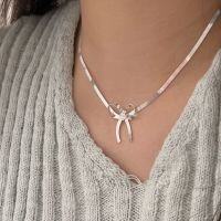 wholesale S925 Sterling Silver Snake Bone Blade Chain Bow Necklace Women Korean Popular Minimalist Style Bracelet Earring Set-Necklace (pure silver/40+5CM)