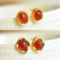 wholesale 925 silver gold-plated certificate new Chinese-style red agate chalcedony earrings with ingot metaphysical wealth-attracting earrings gift-0-1