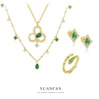 wholesale S925 Sterling Silver Four-Leaf Clover Necklace, Adjustable Snake Ring, and Emerald Zircon Earrings Set-Green Nano Set - 4-Piece Combination Pack A2972-K2257-YA0464-E4825 925 Silver