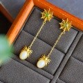 wholesale 925 silver gold-plated with certificate, palace spider cold enamel inlaid with Hetian jade earrings-0-6