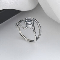 wholesale S925 sterling silver retro geometric wide-leaf hollow-out zirconia ring, sweet and cool style unisex band-361FJ/approx. 2.6g>Adjustable opening