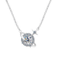 Sterling Silver Rhinestone Star Pendant Short Necklace-AL1-0109B 925 Silver