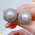 wholesale 925 Silver Floral Pearl Earrings 2023, 12mm Shell Pearl Earrings for Women with Ear Clips-0-3