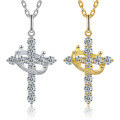 wholesale S925 Sterling Silver Plated in 18K Gold, Cross Pendant Necklace with Crown and Full Moissanite-0-4