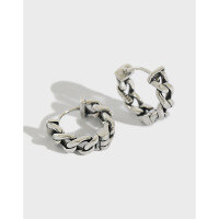 wholesale S925 Sterling Silver Korean Style Elegant Textured Earrings with Distressed Retro Chain Design and Twist Ear Clips-Small [AE1204] 925 silver