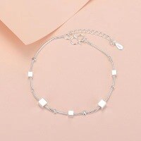 wholesale S925 Sterling Silver Korean-style Fashion Ankle Bracelet Women's Checkered Silver Jewelry Single-layer Small Square Anklet Accessory-xb1028-white gold