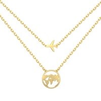 wholesale S925 Sterling Silver Women's Light Luxury High-end Small Airplane Earth Pendant Double-layer Chain Stylish Ins-style Necklace-Gold DY190772-SG-NA 925 silver