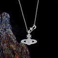 Sterling Silver Saturn Full Diamond Pendant Necklace, Trendy Ins Fashion Statement Gift-0-1