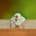 wholesale 925 silver openwork antique-style finger ring with certificate, inlaid with court enamel plum blossoms and Hetian jade-0-6